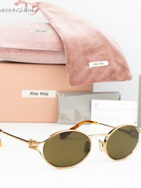 Miu Miu Women Sunglasses Brass Gold Dark Brown Oval MU52YS 7OE01T BRAND NEW
